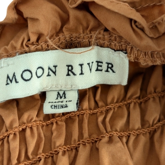 Anthropologie Moon River Caramel Smocked Midi Dress Puff Sleeve M - Picture 13 of 15